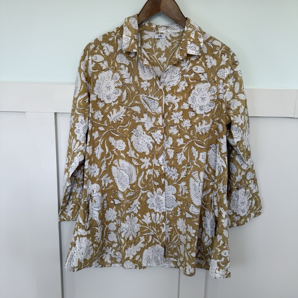 Tulip Gretchen Button Down‎ Women's Small Yellow Floral 100% Cotton Oversized